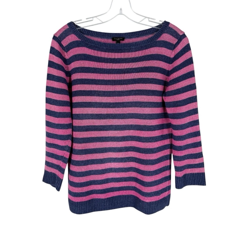 Talbots Linen Sweater Womens Size Small Petite Pink Purple Stripe Lightweight